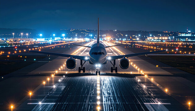 Airplane taking off at night from runway.  Bright lights illuminate the aircraft and runway. City lights in background.