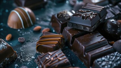 An assortment of various chocolates in close-up. A tempting display of sweets for dessert lovers.
