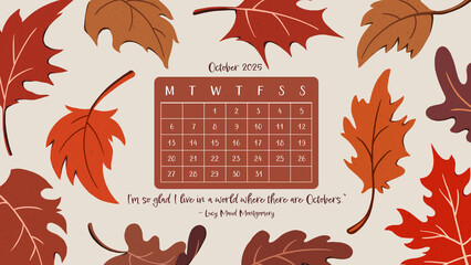 October 2025 Desktop Wallpaper Calendar illustrated with cozy and whimsical Autumn Leaves