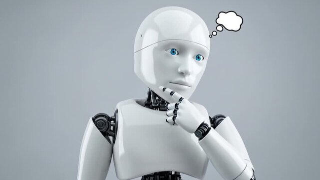 Close up of a white robot thinking with a thought bubble above its head