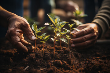 Close-up of hands planting a small green seedling in rich soil with soft lighting in a natural earthy environment