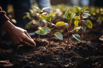 Hands carefully arranging young green seedlings in soil during sunny morning in a reforestation or eco farming activity