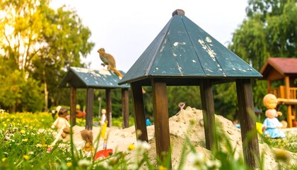 Wooden playhouse structures in a sandbox