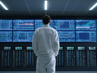 Fototapeta premium Rear view of figure monitoring screens in server room. Concept data analysis, technology oversight, network security. For reports or website headers.