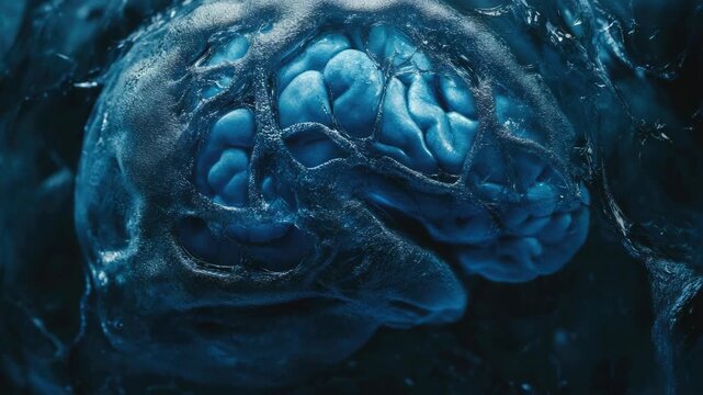 Close-up  of brain cell with intricate structure and blue crystal formations.