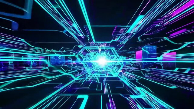 Futuristic internet network background with high-speed lines and holographic grids.