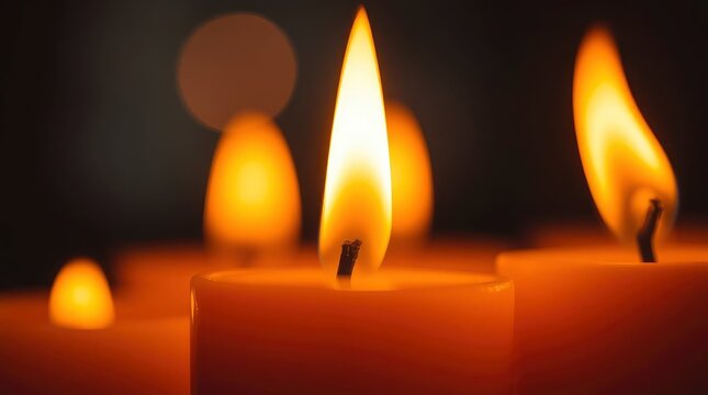 Close up of multiple lit candles the flames are in focus