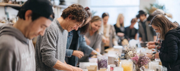 Engaged group participating in a creative workshop, crafting together with joy. Ideal for themes like community, learning, teamwork, hobby and event.