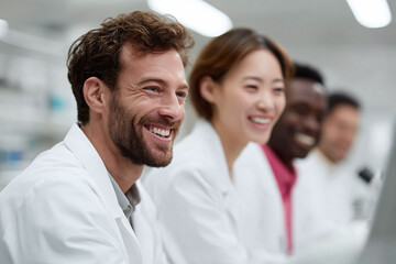 Diverse group of medical professionals smiling, wearing lab coats. Teamwork, collaboration, and positive atmosphere in healthcare, pharmacy or research settings.