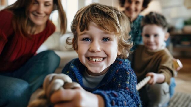 A heartwarming scene of young children enjoying each other's company while playing a game indoors. The atmosphere is full of joy and bonding, capturing the essence of childhood friendships.