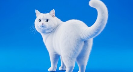 A Fluffy White Cat with Blue Eyes Against a Blue Background