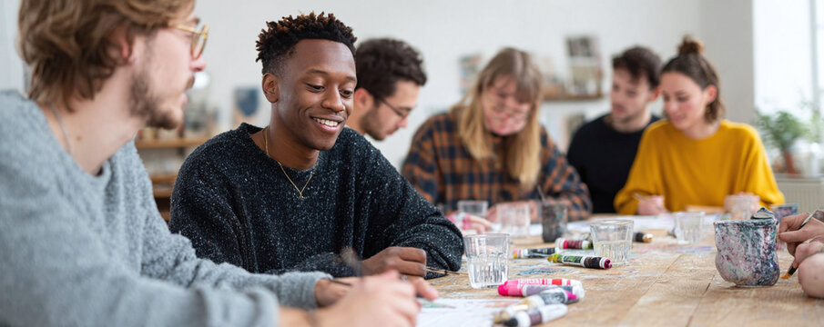 Creative group, diverse people painting at table. Artistic workshop concept, learning, collaboration. Inspiration, craft, hobby. Studio setting, teamwork.