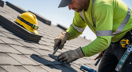 A professional roofer wearing a high-visibility yellow shirt and a cap is focused on cutting or fitting a shingle with a utility knife. A yellow hard hat and tools are visible nearby