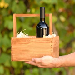 Wooden wine box with bottle