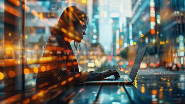 A woman working on a laptop at a desk in the evening, surrounded by bright city lights.