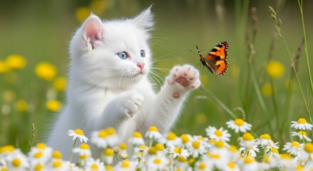 Kitten and Butterfly in Meadow