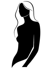 A minimalist black silhouette of a woman with long, wavy hair. This simple and elegant graphic is a versatile design element for beauty, fashion, or wellness concepts.