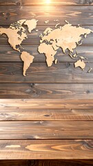 Wooden world map on rustic planks