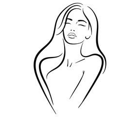A beautiful line art portrait of a woman with long, flowing hair. This simple and elegant graphic is ideal for beauty logos, skincare branding, or minimalist art prints.