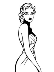 A beautiful line art illustration of a glamorous woman in an evening dress. This elegant, retro-style graphic is perfect for classic fashion or beauty branding.