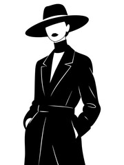 A black silhouette of a stylish woman in a belted trench coat and a wide-brimmed hat. This sophisticated and modern graphic is perfect for high-fashion branding or logos.