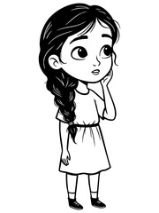 A cute black and white line art drawing of a little girl with a long braid. This charming and innocent character graphic is ideal for children's books or family-themed designs.