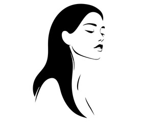 A simple black and white silhouette of a woman's face in profile with long hair. This elegant and minimalist graphic is great for beauty logos or wellness branding.