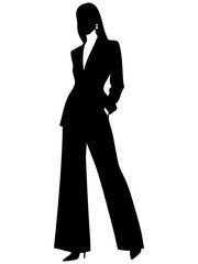 A black silhouette of a modern woman in a stylish pantsuit. This elegant and professional graphic is great for business, fashion, or corporate branding.