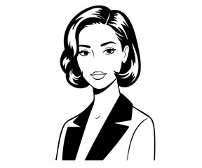 An elegant line art portrait of a professional woman with short, wavy hair in a blazer. This classic and confident graphic is perfect for business or corporate branding.
