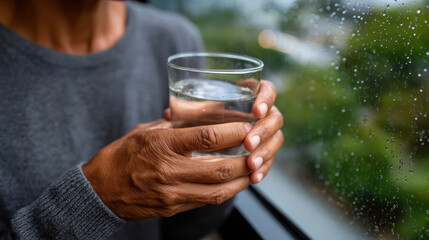 A contemplative individual holds a glass of water, gazing out the window as raindrops trickle down, evoking feelings of tranquility and introspection in a cozy setting.