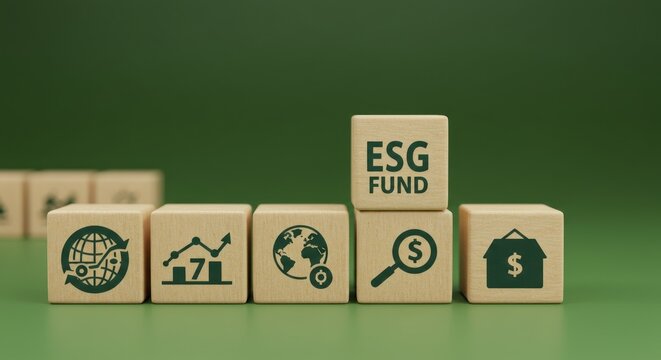 Wooden blocks display ESG FUND and related icons on a green surface