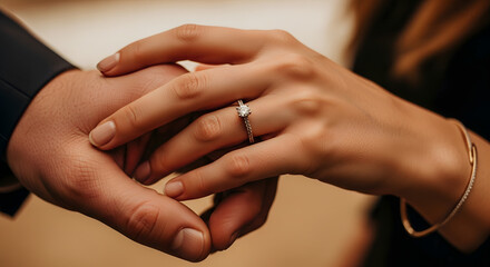  A tender close-up of an engaged couple holding hands  showcasing the woman's beautiful diamond engagement ring and symbolizing love  commitment  and marriage.