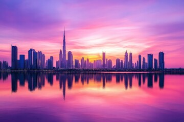 Fototapeta premium Beautiful colorful purple and pink sunrise lighting up the skyline and the reflection of Dubai Downtown. Dubai, United Arab Emirates.
