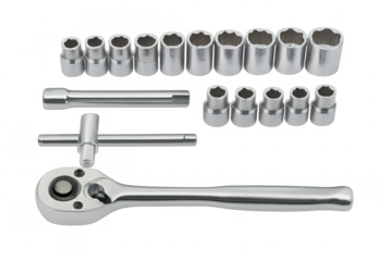 Socket wrench set with extension bars and ratchet handle on transparent background