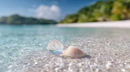 A serene tropical beach scene featuring a crystal ball and seashell on the shore. Evokes peace, reflection,  the beauty of nature. Perfect for travel, wellness, or aspirational themes.
