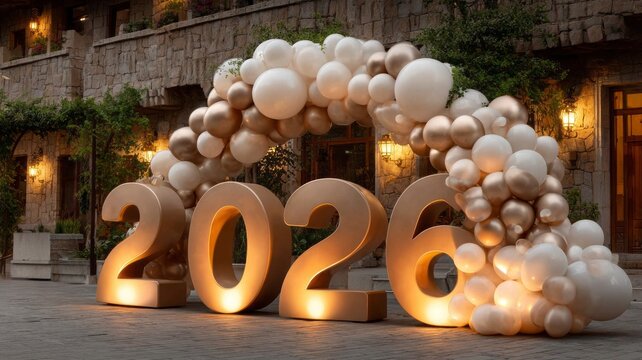 Beautiful outdoor celebration decor featuring a large balloon arch and the year 2026 at a festive venue
