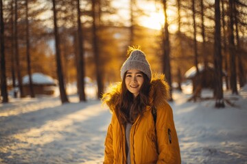 A cheerful Asian woman strolls through a winter forest bathed in golden sunset light in Kanas Hemu village Xinjiang China