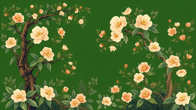 Charming green chinoiserie design with forest scenes, blooming flowers, and detailed foliage, vintage elegance, intricate and refined motifs