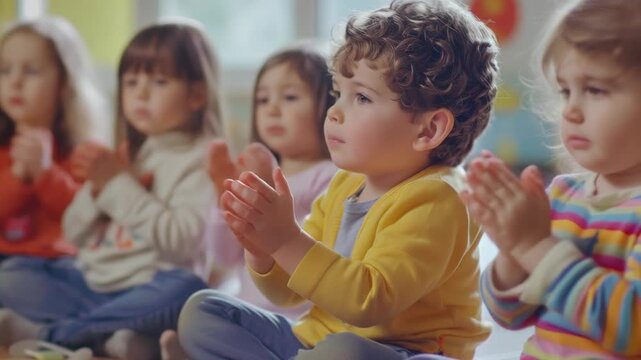 A group of children are sitting on the floor and clapping. One of the children is wearing a yellow shirt