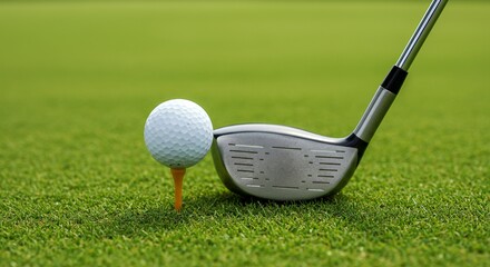 A golf ball on a tee next to a golf club on green grass
