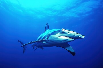 Fototapeta premium Great hammerhead shark in blue tropical waters.