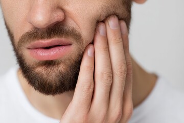 Obraz premium Close up of a young man in pain from a tooth issue touching his mouth against a white background Negative emotions and expressions