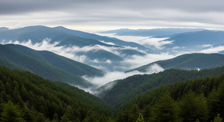 Obraz premium A moody and dramatic panoramic landscape of a rugged mountain range on a cloudy day. Layers of deep green, forested hills and valleys are partially obscured by low-hanging clouds and swirling mist