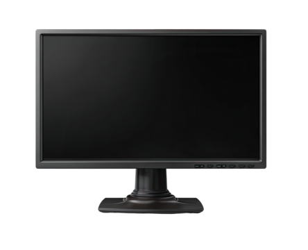Front view of a dark gray flat-screen computer monitor with a dark screen