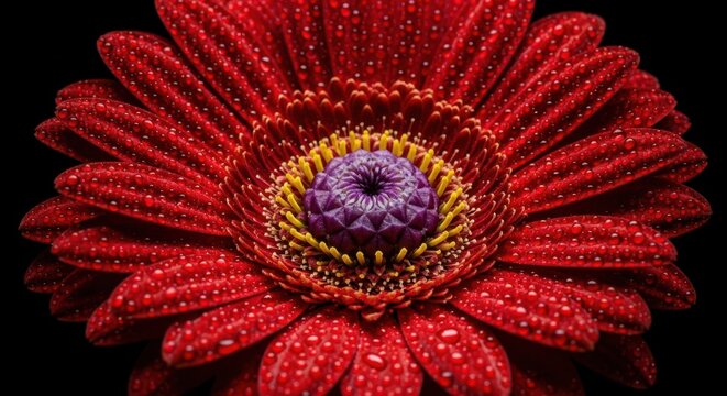 Macro Photography of a Red Gerbera Daisy Covered in Water Droplets