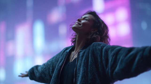 Woman bathed in ethereal light, arms outstretched, exudes joy and freedom. Concept aspiration, inspiration, hope, wellbeing, urban life. Suitable for lifestyle, travel, and inspirational content.