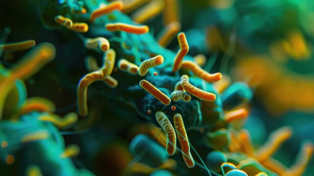 A close-up of a green and yellow substance with numerous small, round yellow objects scattered throughout it. The yellow objects vary in size and are positioned in different areas of the 