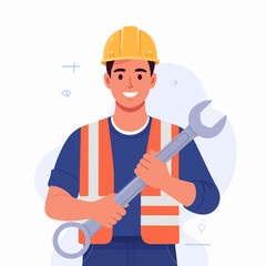 Smiling Male Construction Worker in Hard Hat and Safety Vest Holding a Large Wrench.