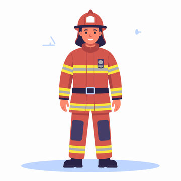 Smiling female firefighter character in full red protective uniform and helmet, standing in a frontal pose.