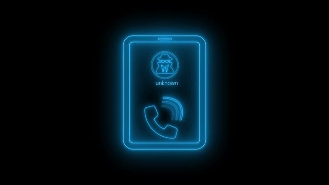 Neon outline of a smartphone with an incoming call from an unknown number animation